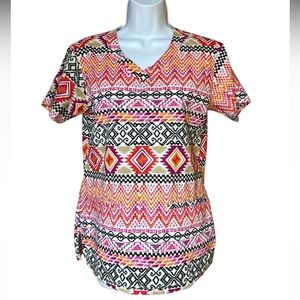 Bio Bring It On Colorful Geometric Print Women's Scrub Top Size XS